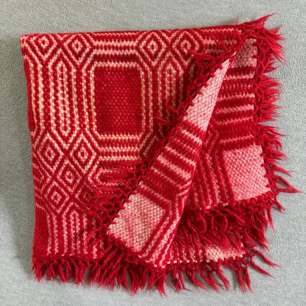 Vintage Greek Wool Karameloti Woven Red  Blanket Hand Loomed Textile Boho Throw
